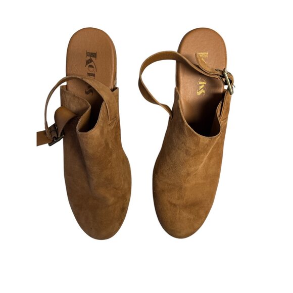 Korks Womens Tan Suede Platform Block Heel Mules With Adjustable Strap - Picture 2 of 10
